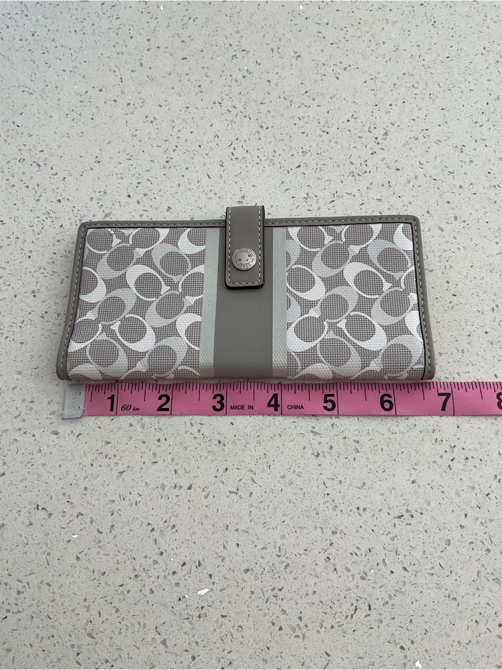 Coach Signature Stripe Continental Wallet in Gray and White